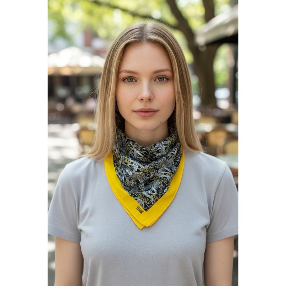 Gianfranco Ferre Scarf Womens O/S Black Yellow Square Satin Workers Union Print